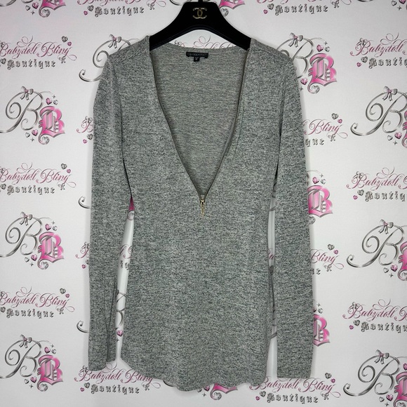 Dynamite top long sleeve zipper zip up grey gold soft stretchy V neck comfy - Picture 1 of 9